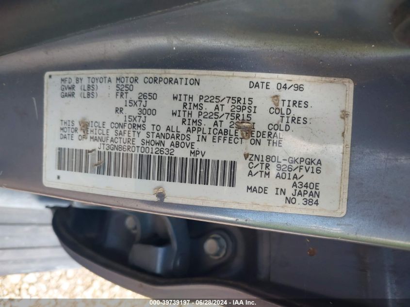 1996 Toyota 4Runner Sr5 VIN: JT3GN86R0T0012632 Lot: 39739197