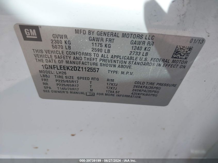 2013 Chevrolet Equinox 1Lt VIN: 1GNFLEEK2DZ112557 Lot: 39739199