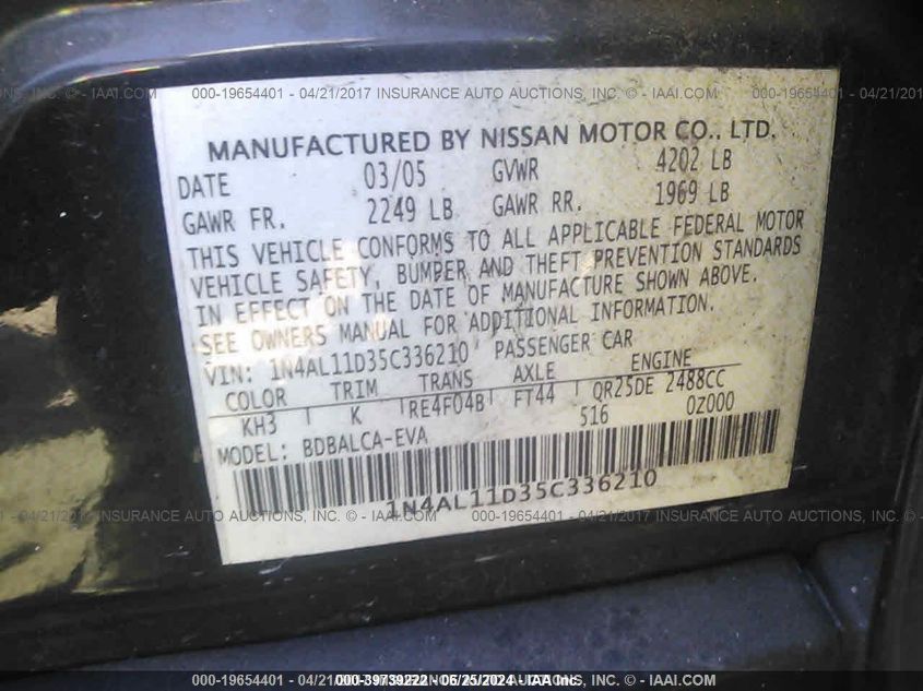 2005 Nissan Altima 2.5 S VIN: 1N4AL11D35C336210 Lot: 39739222