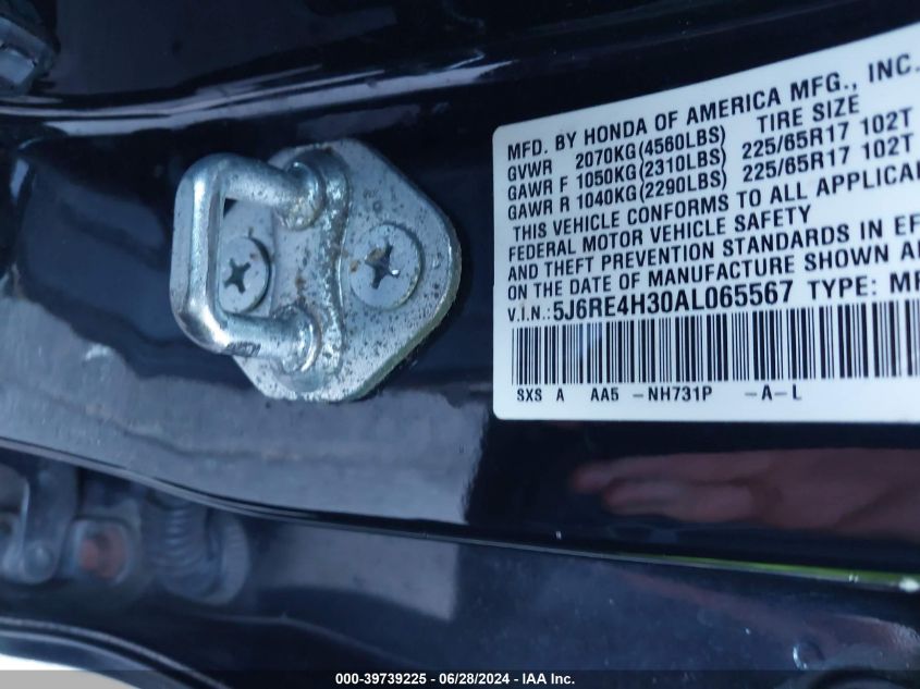 2010 Honda Cr-V Lx VIN: 5J6RE4H30AL065567 Lot: 39739225