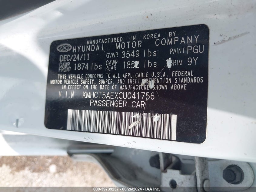 2012 Hyundai Accent Gs VIN: KMHCT5AEXCU041756 Lot: 39739237