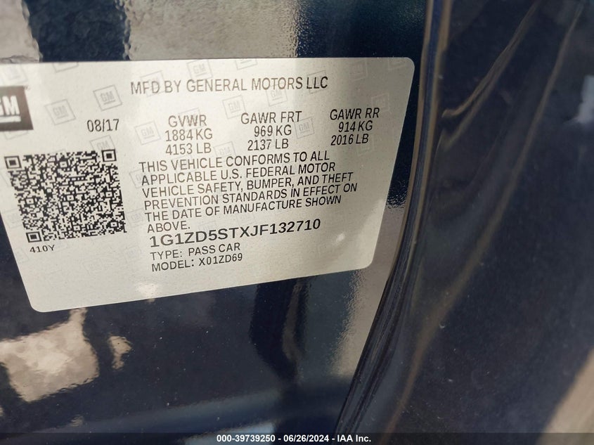 2018 Chevrolet Malibu Lt VIN: 1G1ZD5STXJF132710 Lot: 39739250