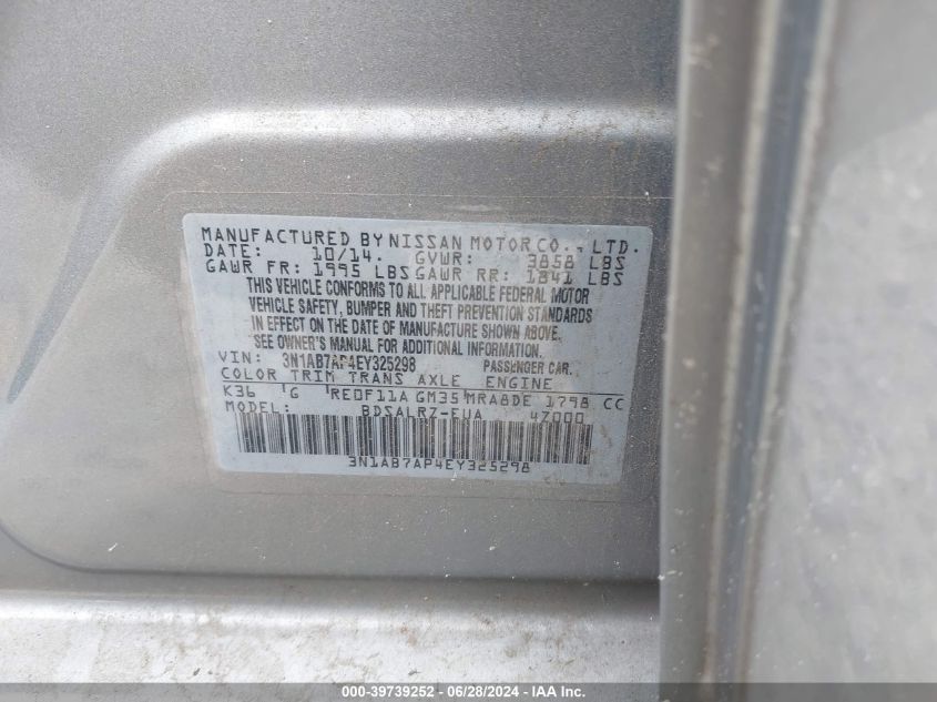 2014 Nissan Sentra Sr VIN: 3N1AB7AP4EY325298 Lot: 39739252