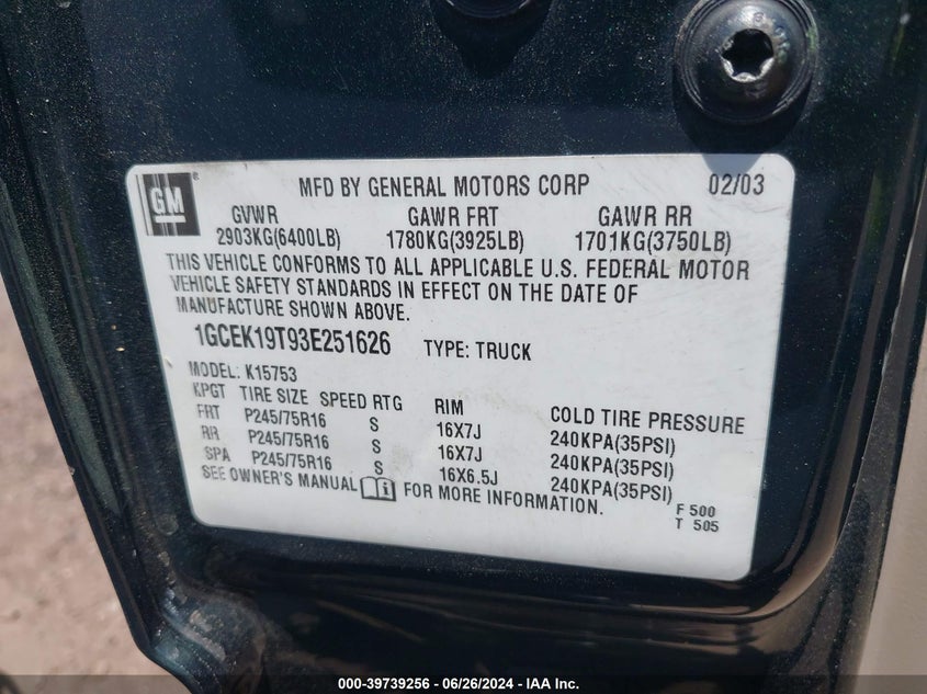 2003 Chevrolet Silverado 1500 Ls VIN: 1GCEK19T93E251626 Lot: 39739256