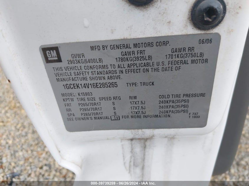 2006 Chevrolet Silverado 1500 Work Truck VIN: 1GCEK14V16E285265 Lot: 39739259