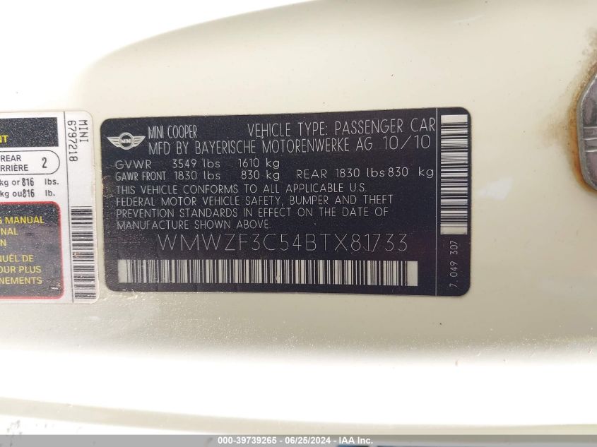 2011 Mini Cooper Clubman VIN: WMWZF3C54BTX81733 Lot: 39739265