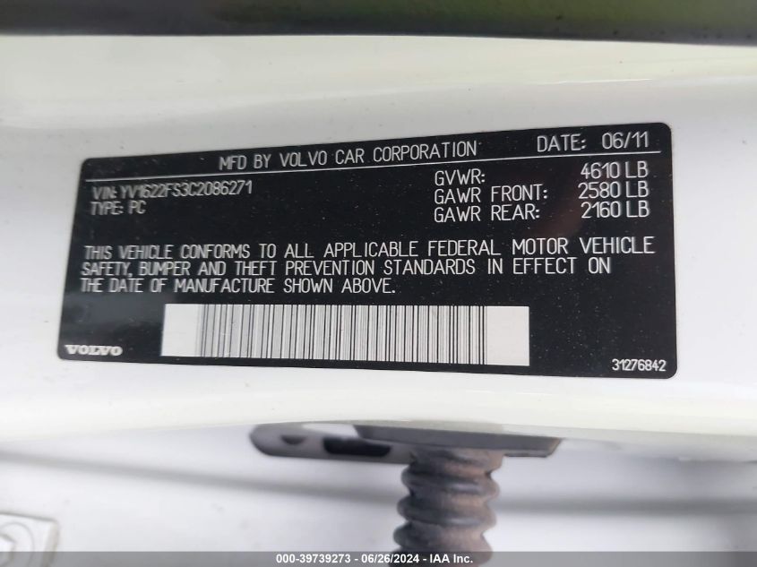 2012 Volvo S60 T5 VIN: YV1622FS3C2086271 Lot: 39739273