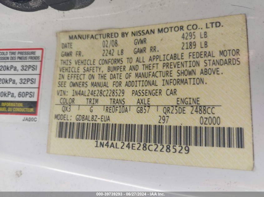 2008 Nissan Altima 2.5S VIN: 1N4AL24E28C228529 Lot: 39739293