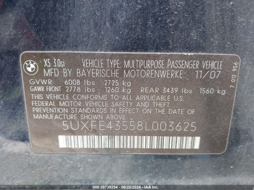 2008 BMW X5 3.0Si VIN: 5UXFE43558L003625 Lot: 39739294
