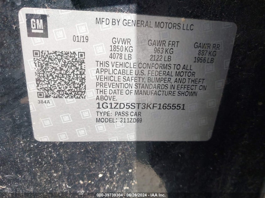 2019 Chevrolet Malibu Lt VIN: 1G1ZD5ST3KF165551 Lot: 39739304