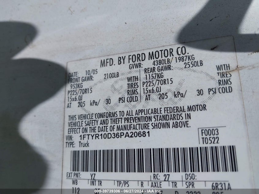 2006 Ford Ranger Xl/Xlt VIN: 1FTYR10D36PA20681 Lot: 39739306
