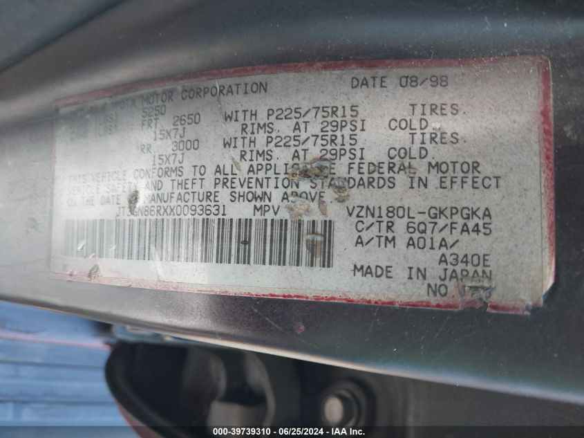 1999 Toyota 4Runner Sr5 V6 VIN: JT3GN86RXX0093631 Lot: 39739310