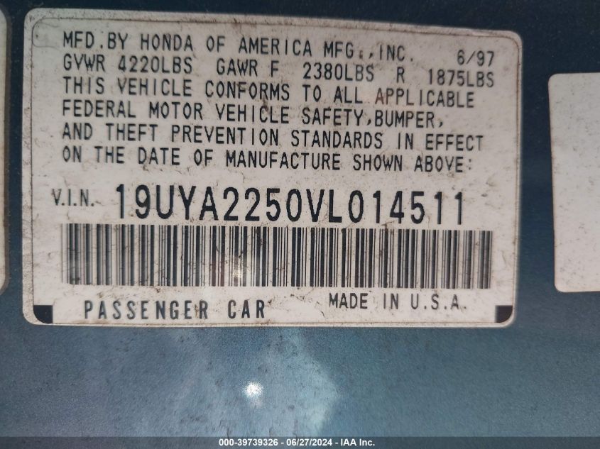 1997 Acura 3.0Cl VIN: 19UYA2250VL014511 Lot: 39739326