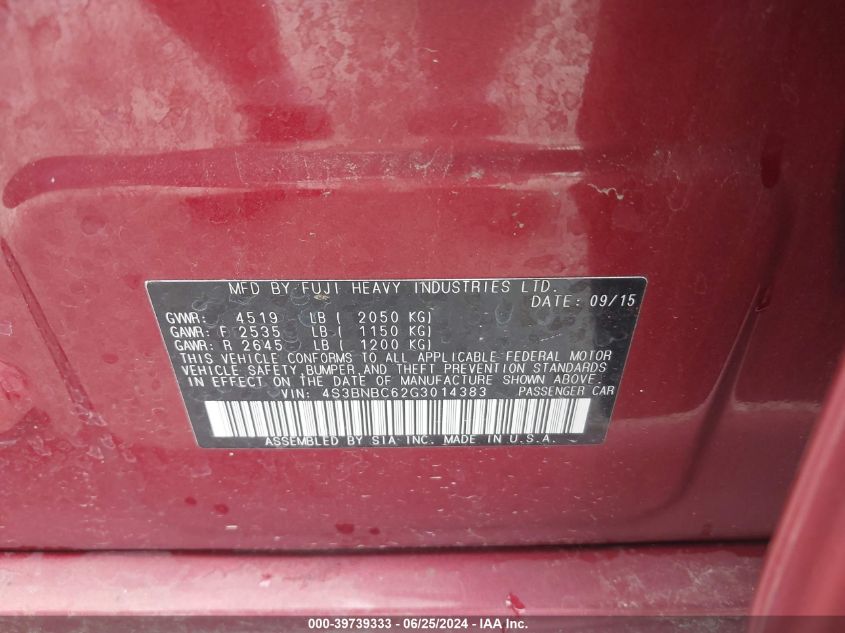 2016 Subaru Legacy 2.5I Premium VIN: 4S3BNBC62G3014383 Lot: 39739333