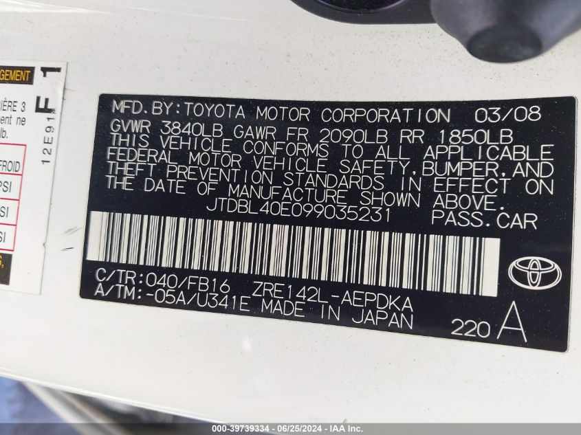 2009 Toyota Corolla Le VIN: JTDBL40E099035231 Lot: 39739334