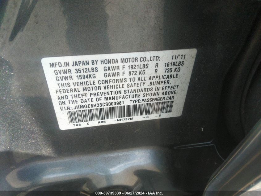 2012 Honda Fit VIN: JHMGE8H33CS003981 Lot: 39739339