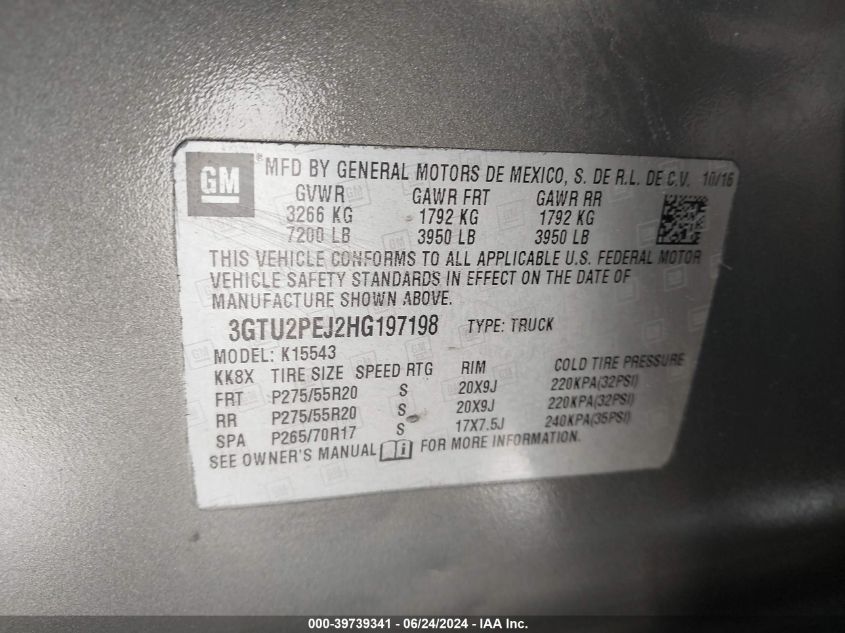 2017 GMC Sierra 1500 Denali VIN: 3GTU2PEJ2HG197198 Lot: 39739341