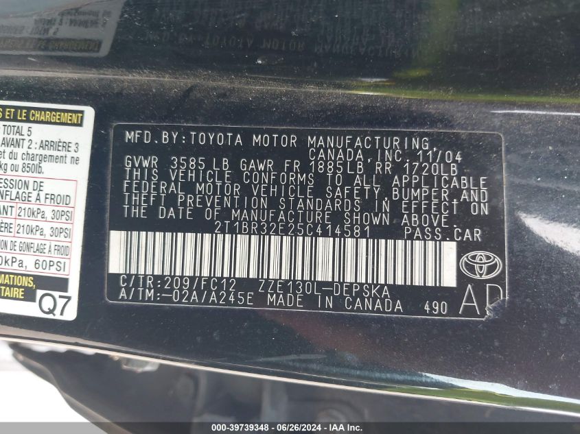 2005 Toyota Corolla S VIN: 2T1BR32E25C414581 Lot: 39739348