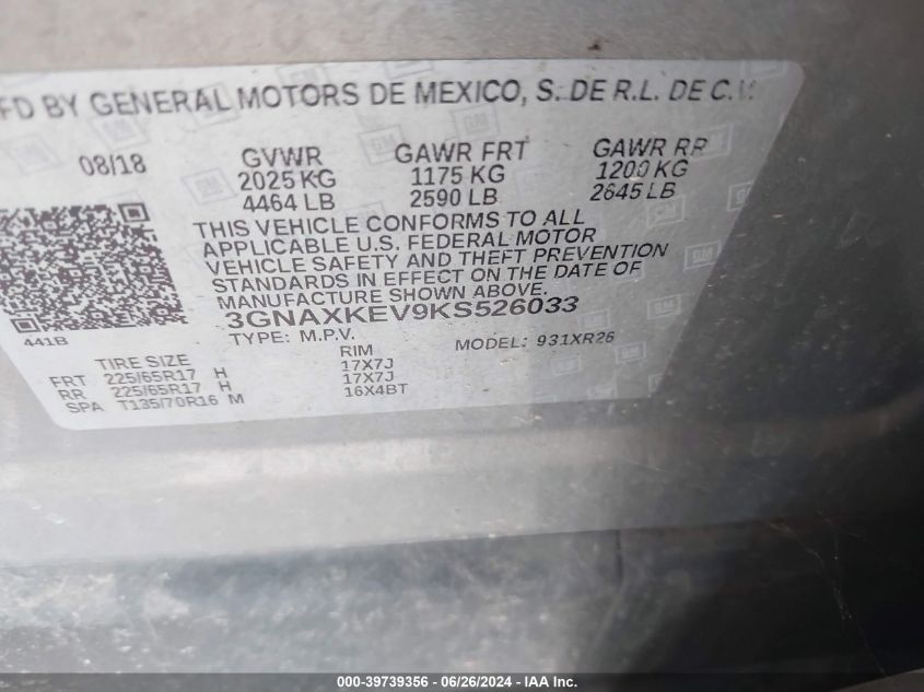 2019 Chevrolet Equinox Lt VIN: 3GNAXKEV9KS526033 Lot: 39739356