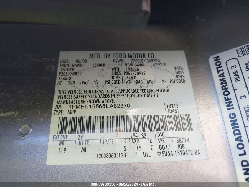2008 Ford Expedition Xlt VIN: 1FMFU16568LA82376 Lot: 39739358