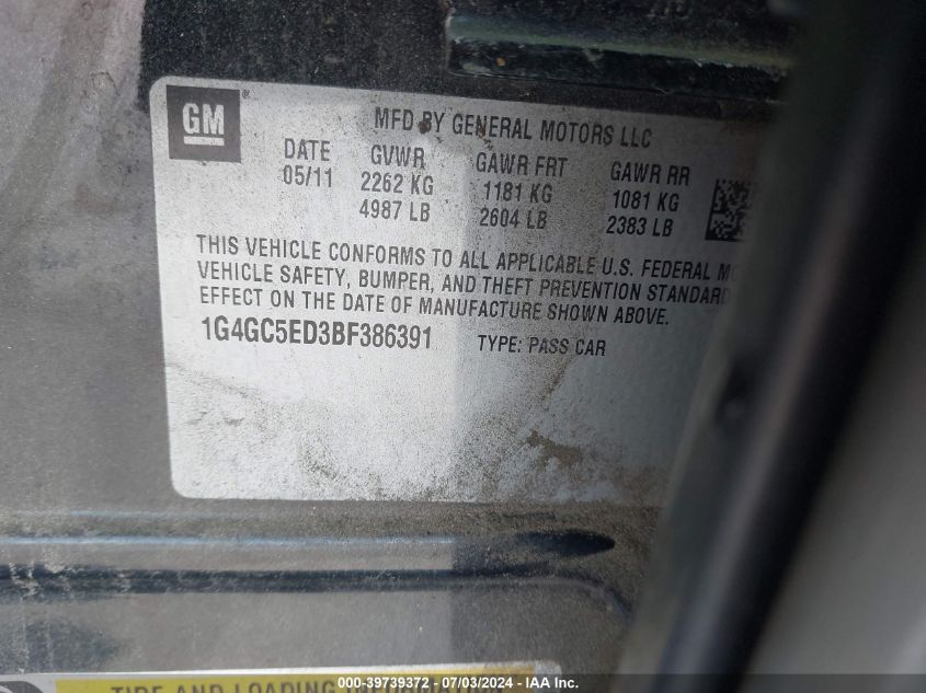 2011 Buick Lacrosse Cxl VIN: 1G4GC5ED3BF386391 Lot: 39739372