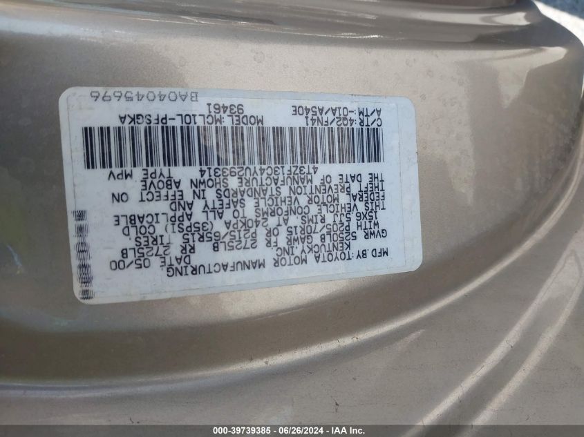 2000 Toyota Sienna Le VIN: 4T3ZF13C4YU293314 Lot: 39739385