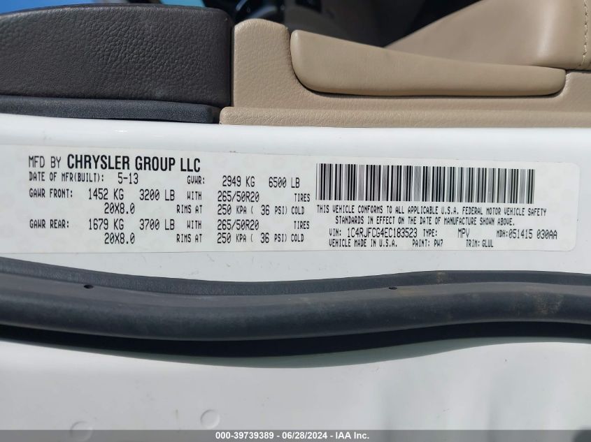2014 Jeep Grand Cherokee Overland VIN: 1C4RJFCG4EC183523 Lot: 39739389