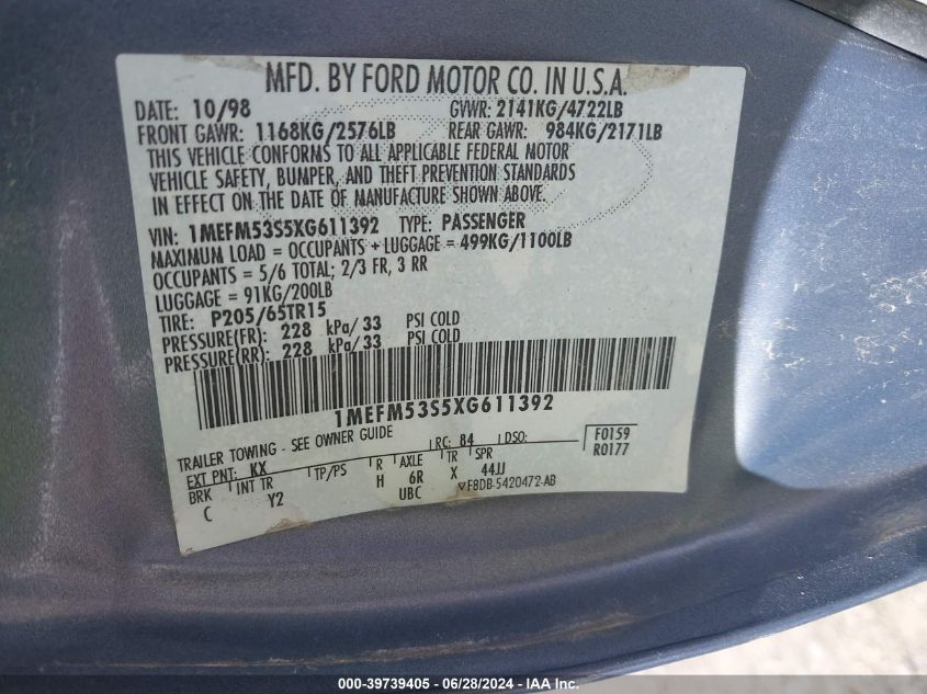 1999 Mercury Sable Ls VIN: 1MEFM53S5XG611392 Lot: 39739405