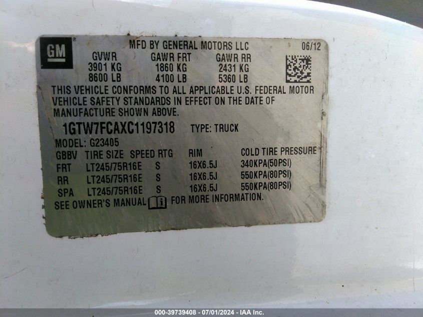 2012 GMC Savana 2500 Work Van VIN: 1GTW7FCAXC1197318 Lot: 39739408