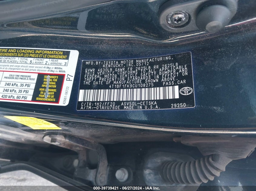 2012 Toyota Camry Se/Le/Xle VIN: 4T1BF1FK9CU108275 Lot: 39739421