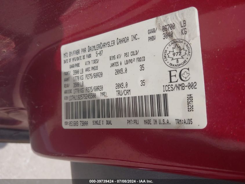 2007 Dodge Ram 1500 Slt/Trx4 Off Road/Sport VIN: 1D7HU18257S245500 Lot: 39739424