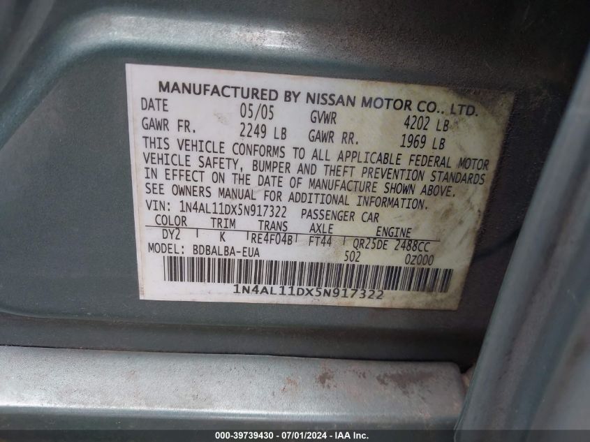 2005 Nissan Altima 2.5 S VIN: 1N4AL11DX5N917322 Lot: 39739430