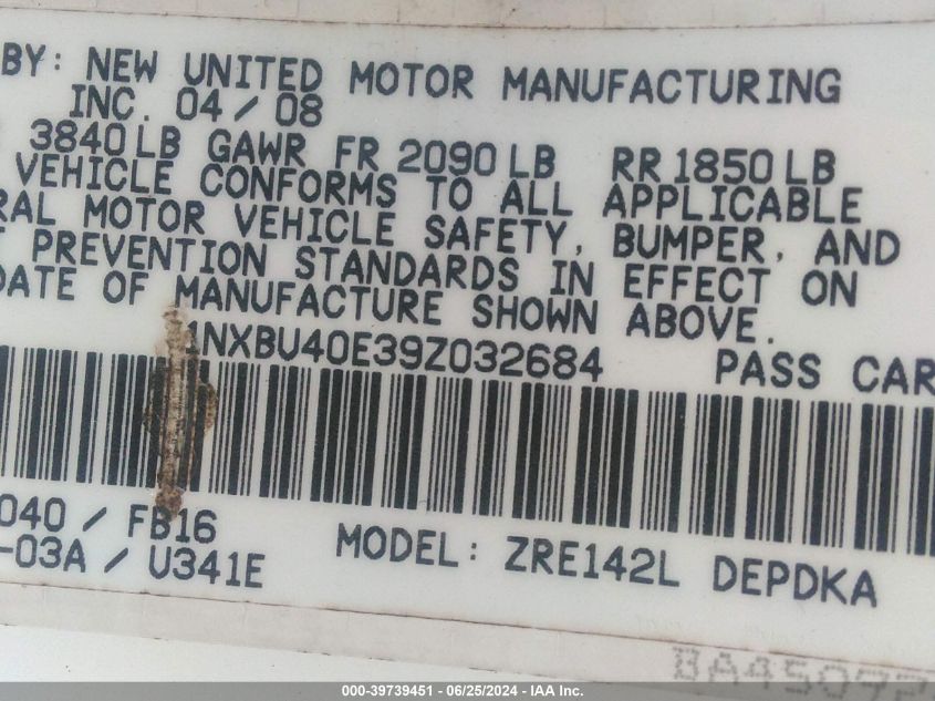 2009 Toyota Corolla Le VIN: 1NXBU40E39Z032684 Lot: 39739451