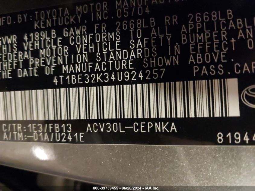 2004 Toyota Camry Le VIN: 4T1BE32K34U924257 Lot: 39739455