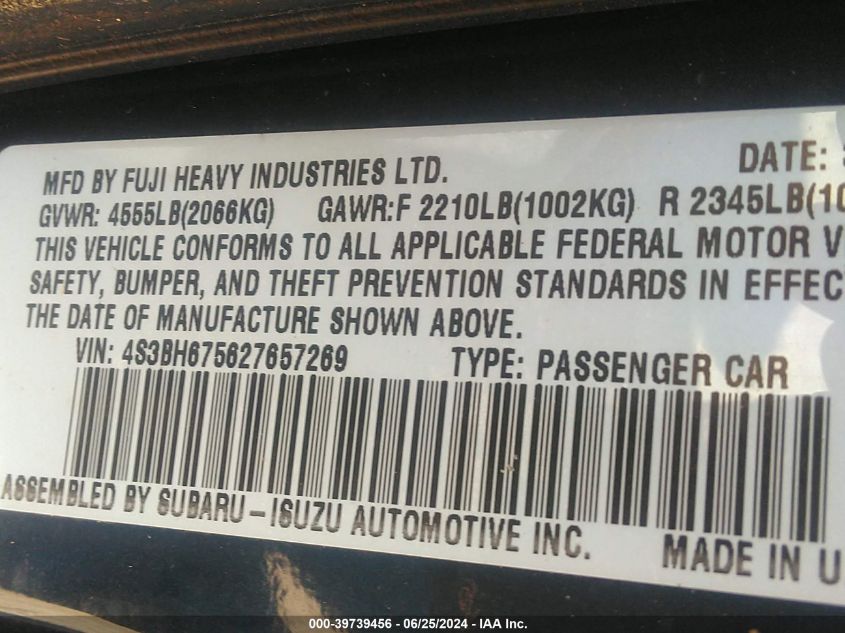 2002 Subaru Outback Outback Awp VIN: 4S3BH675627657269 Lot: 39739456