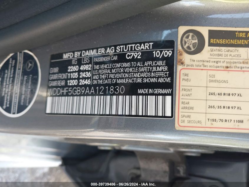 2010 Mercedes-Benz E 350 VIN: WDDHF5GB9AA121830 Lot: 39739486