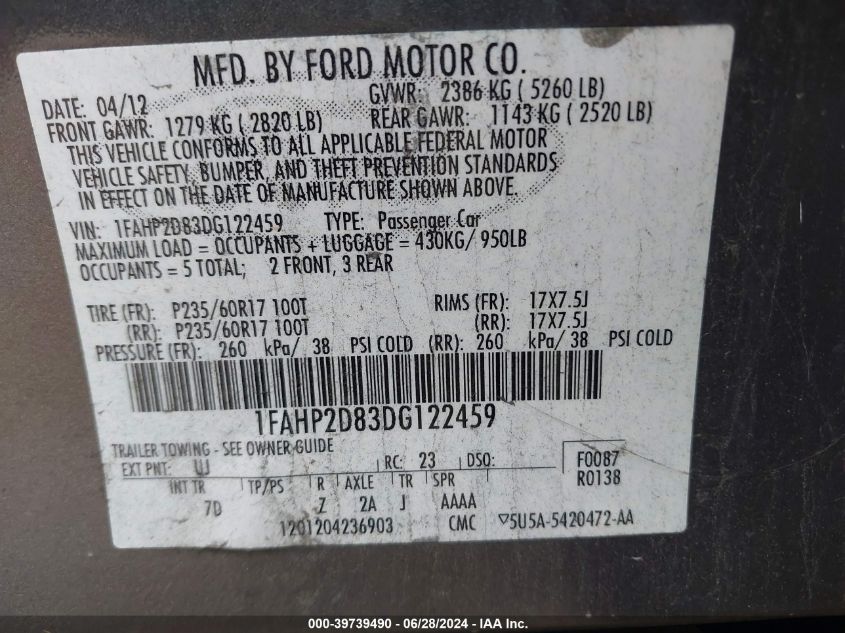 2013 Ford Taurus Se VIN: 1FAHP2D83DG122459 Lot: 39739490