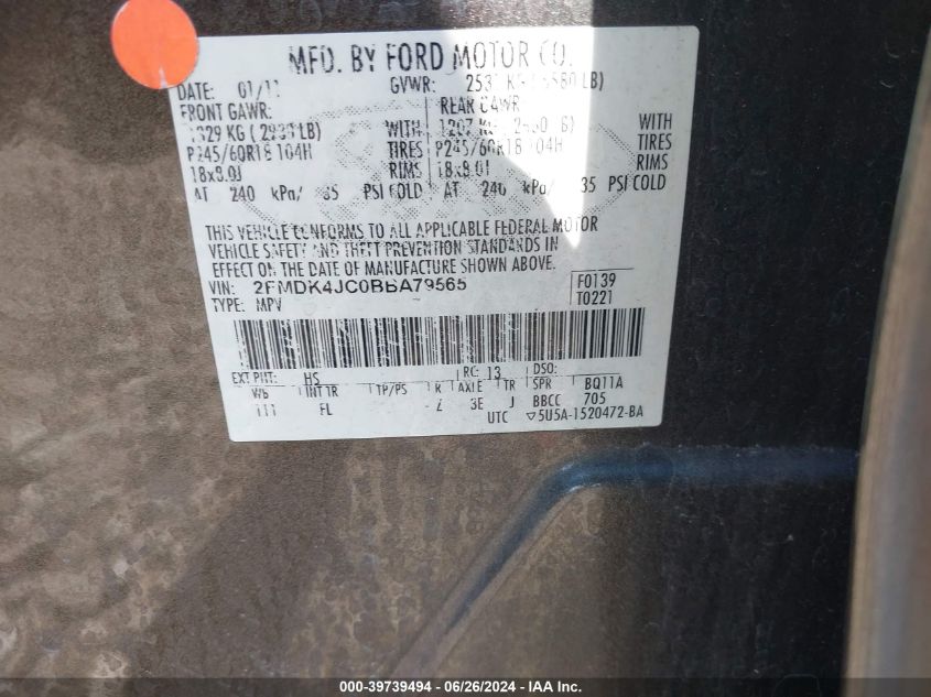 2011 Ford Edge Sel VIN: 2FMDK4JC0BBA79565 Lot: 39739494