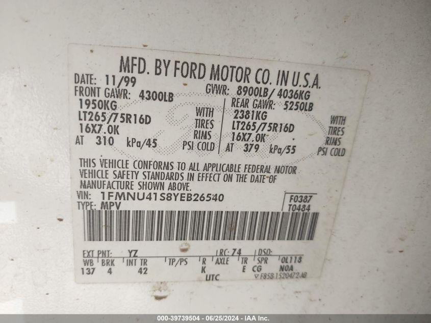 2000 Ford Excursion Xlt VIN: 1FMNU41S8YEB26540 Lot: 39739504