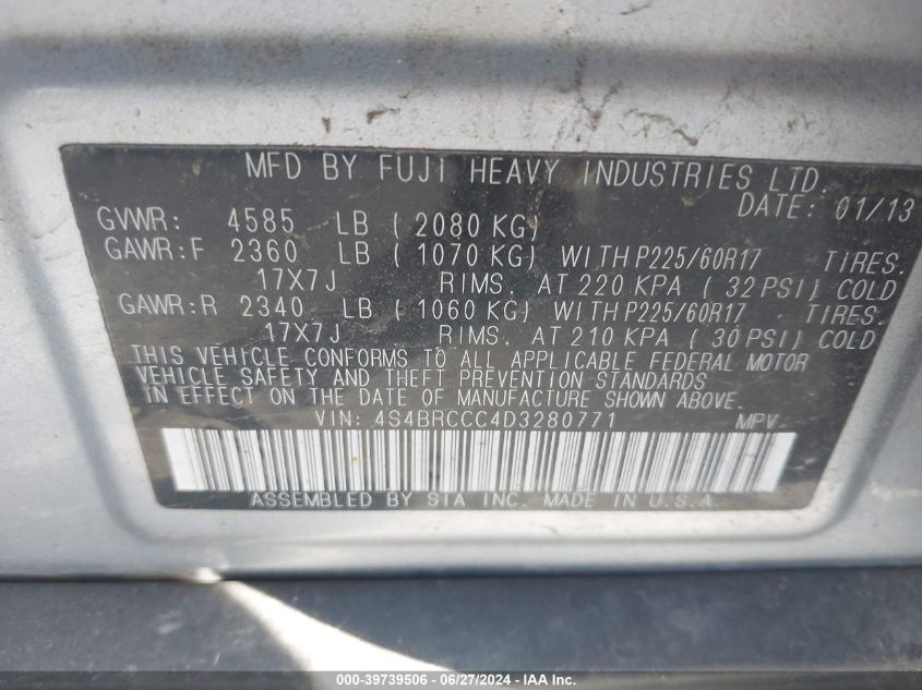 2013 Subaru Outback 2.5I Premium VIN: 4S4BRCCC4D3280771 Lot: 39739506