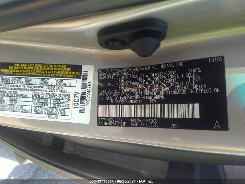 2005 Toyota Sienna Xle VIN: 5TDBA22C35S038142 Lot: 39739514