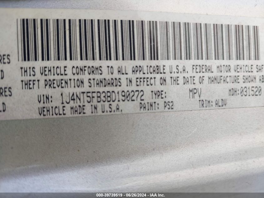 2011 Jeep Compass Limited VIN: 1J4NT5FB3BD190272 Lot: 39739519