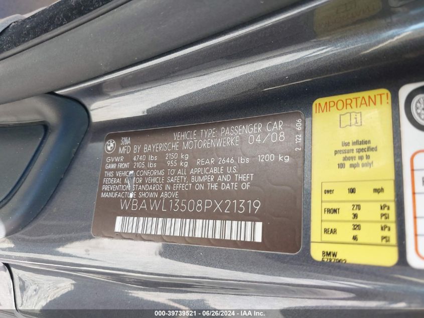 2008 BMW 328I VIN: WBAWL13508PX21319 Lot: 39739521