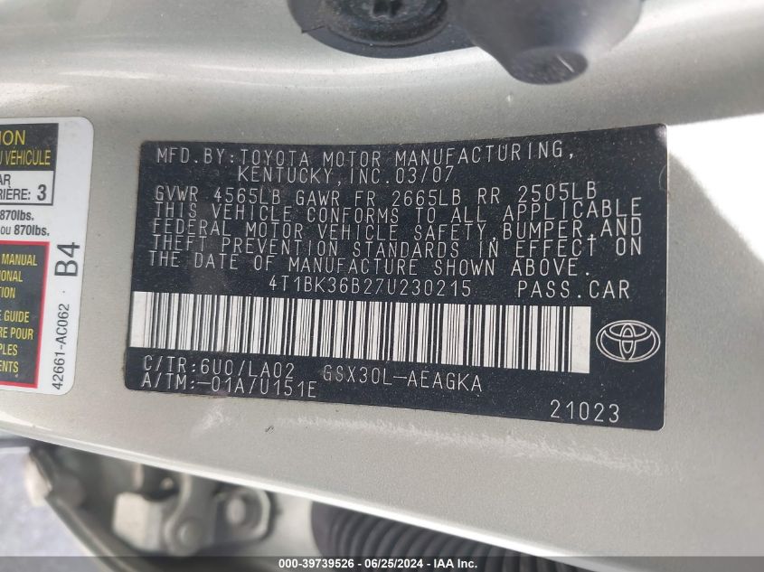 2007 Toyota Avalon Xls VIN: 4T1BK36B27U230215 Lot: 39739526