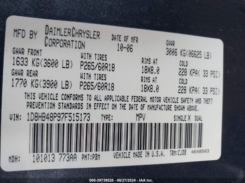 2007 Dodge Durango Slt VIN: 1D8HB48P97F515173 Lot: 39739528