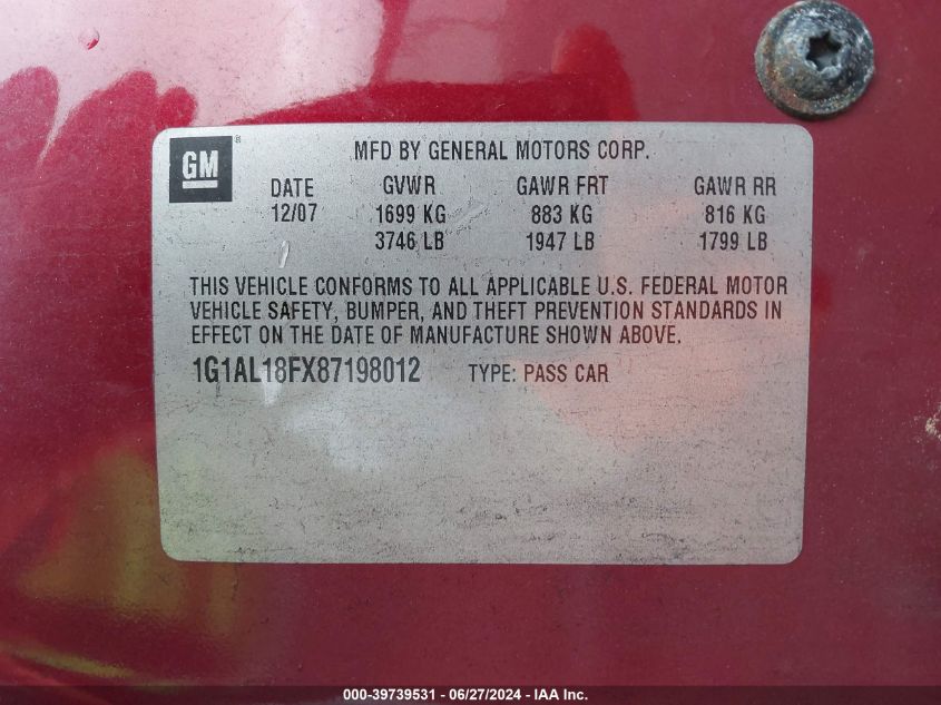2008 Chevrolet Cobalt Lt VIN: 1G1AL18FX87198012 Lot: 39739531