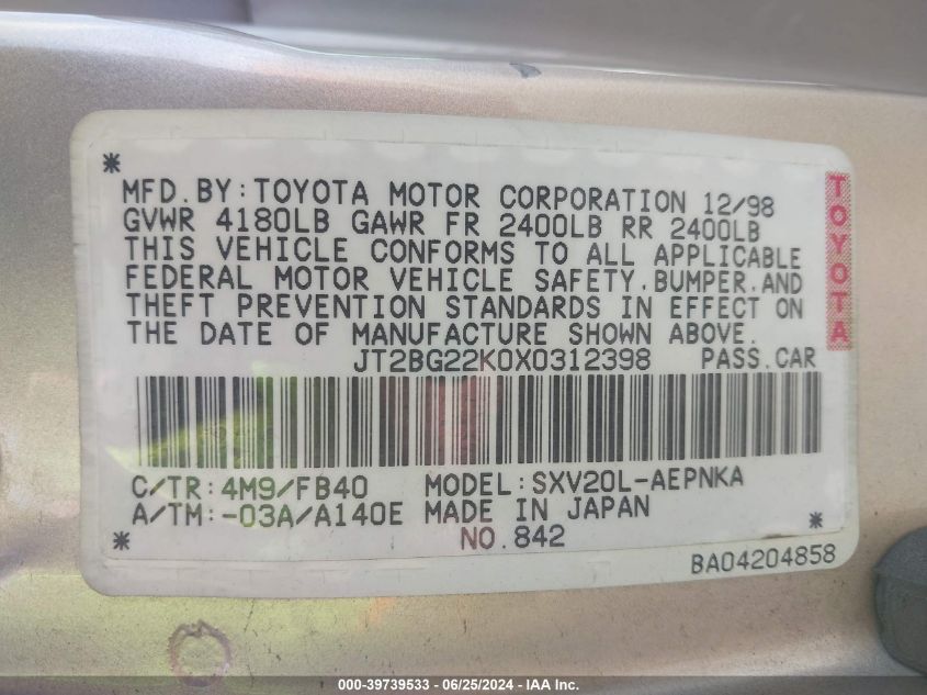 1999 Toyota Camry Le VIN: JT2BG22K0X0312398 Lot: 39739533