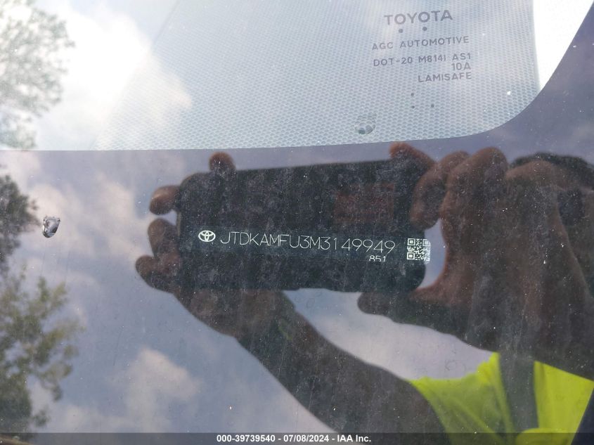 2021 Toyota Prius Le VIN: JTDKAMFU3M3149949 Lot: 39739540