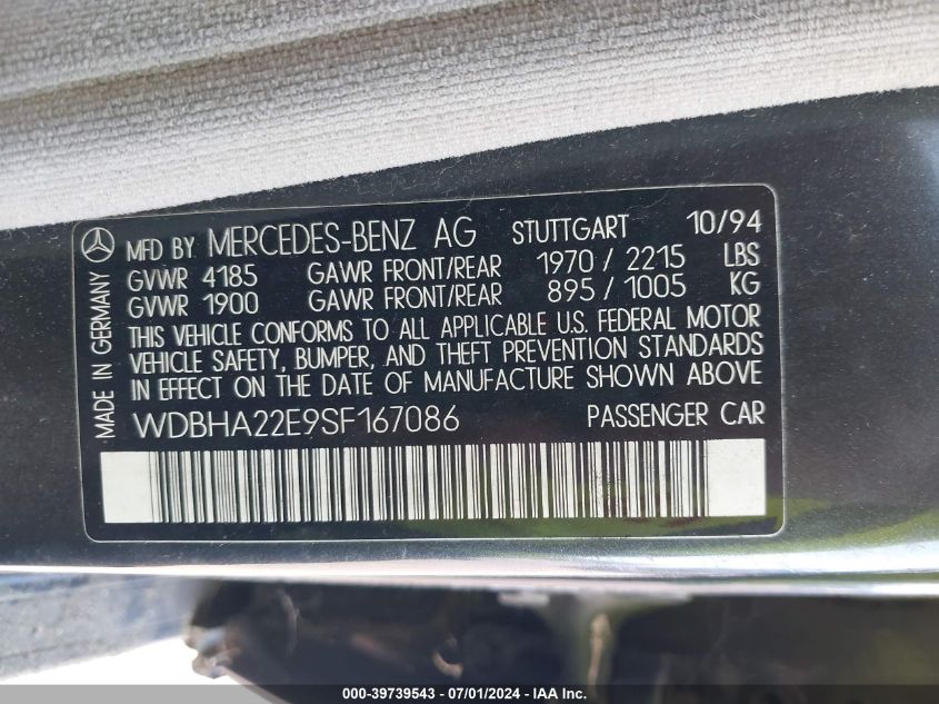 1995 Mercedes-Benz C 220 VIN: WDBHA22E9SF167086 Lot: 39739543