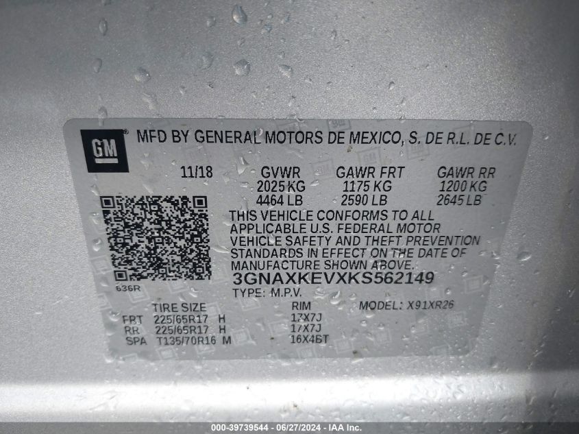 2019 Chevrolet Equinox Lt VIN: 3GNAXKEVXKS562149 Lot: 39739544